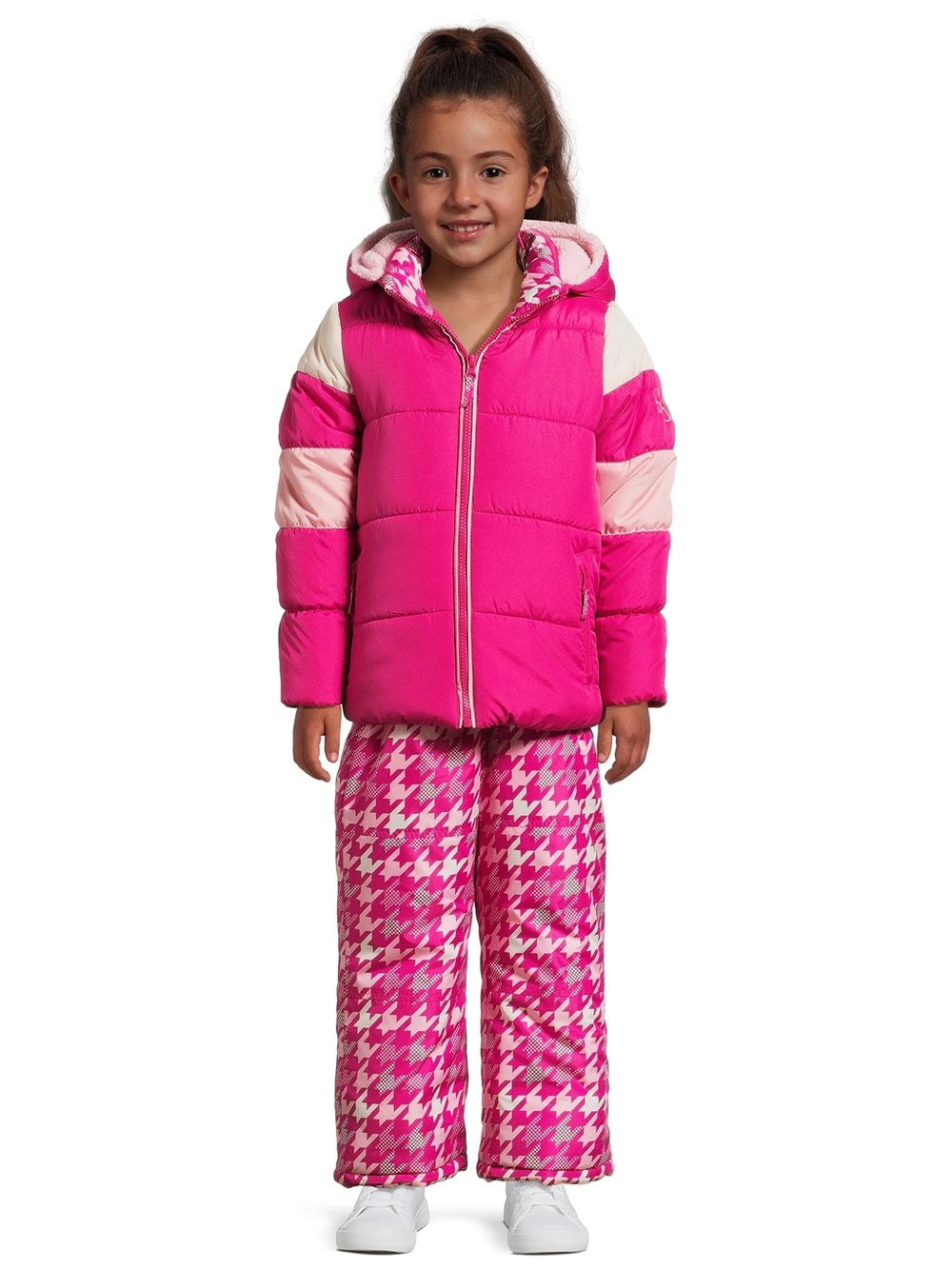 Girls' Pink Hooded Puffer Jacket and Houndstooth Snow Pants Set- Snow Suit